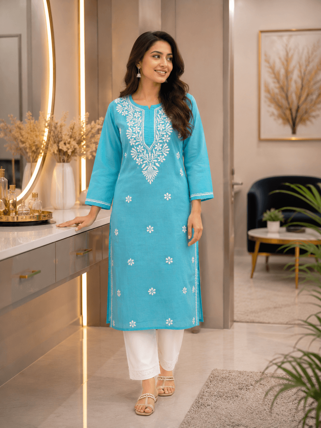 Cotton Ghaspatti Kurti Sky Blue image 1