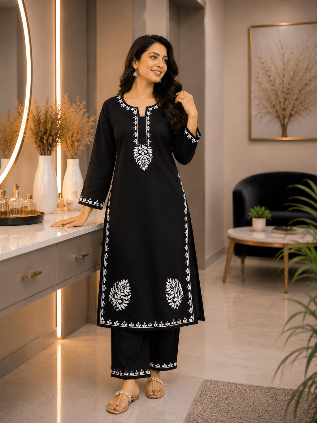 Rayon Set Chikankari Black image 1