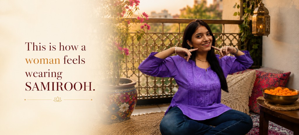 Woman in purple Samirooh kurta on a balcony at sunset — This is how a woman feels wearing Samirooh